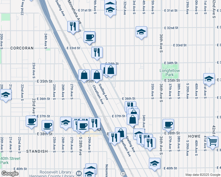 map of restaurants, bars, coffee shops, grocery stores, and more near 3528 Minnehaha Avenue in Minneapolis