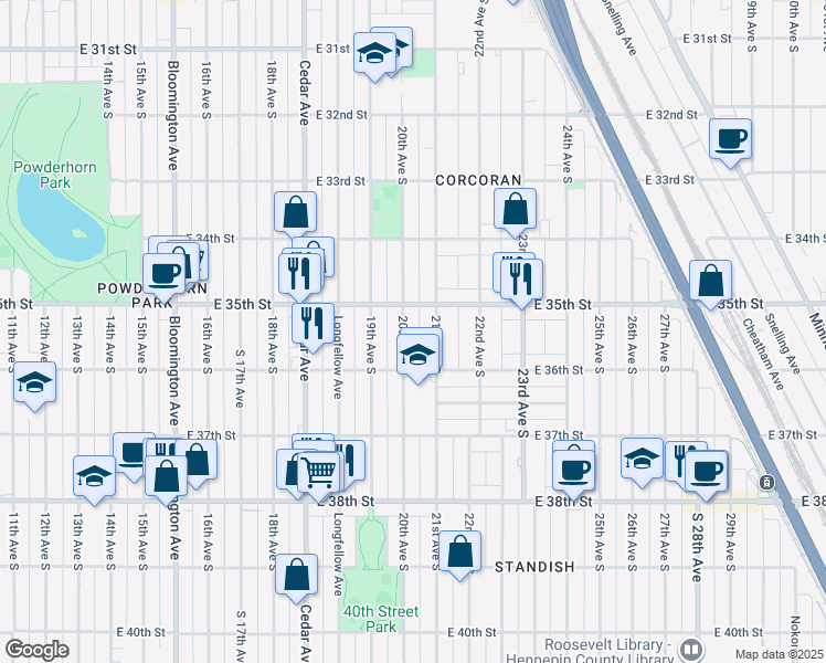 map of restaurants, bars, coffee shops, grocery stores, and more near 3525 20th Avenue South in Minneapolis