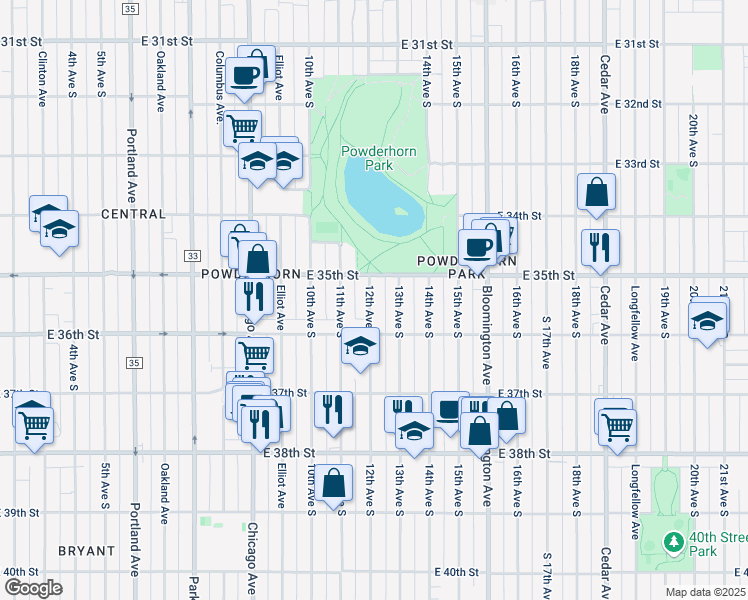 map of restaurants, bars, coffee shops, grocery stores, and more near 3520 12th Avenue South in Minneapolis