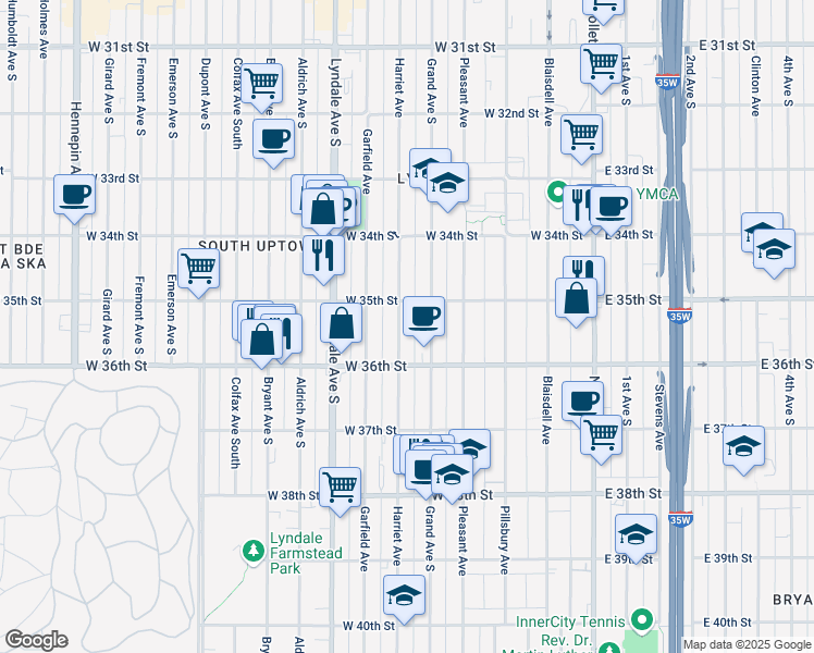 map of restaurants, bars, coffee shops, grocery stores, and more near 3526 Grand Avenue South in Minneapolis