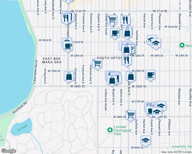 map of restaurants, bars, coffee shops, grocery stores, and more near 3529 Emerson Avenue South in Minneapolis