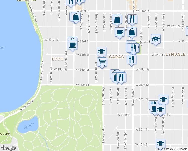 map of restaurants, bars, coffee shops, grocery stores, and more near 3533 Fremont Avenue South in Minneapolis