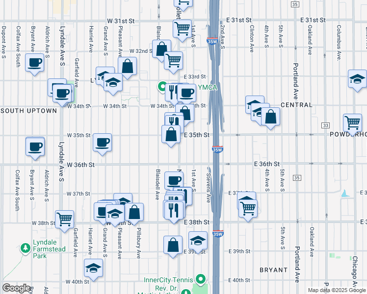 map of restaurants, bars, coffee shops, grocery stores, and more near 3533 Nicollet Avenue in Minneapolis