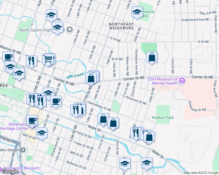 map of restaurants, bars, coffee shops, grocery stores, and more near 1965 Breyman Street Northeast in Salem