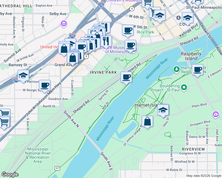 map of restaurants, bars, coffee shops, grocery stores, and more near 290 Spring Street in Saint Paul