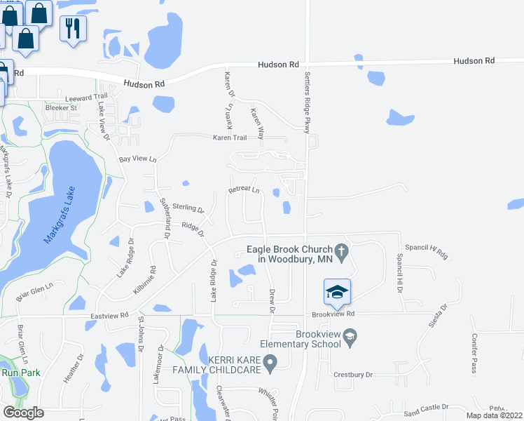 map of restaurants, bars, coffee shops, grocery stores, and more near Retreat Lane in Woodbury