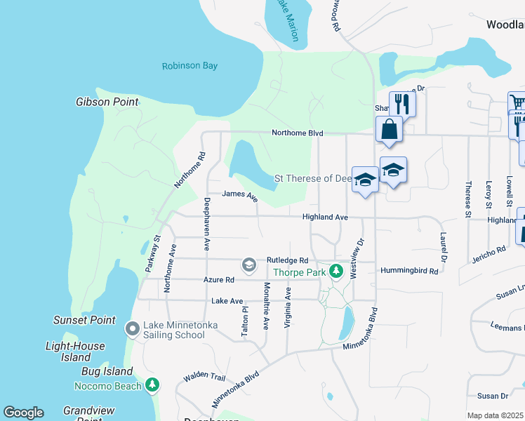 map of restaurants, bars, coffee shops, grocery stores, and more near 3605 James Avenue in Wayzata
