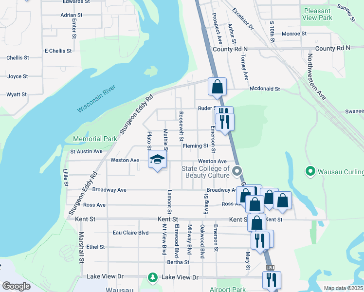 map of restaurants, bars, coffee shops, grocery stores, and more near 1800 Roosevelt Street in Wausau