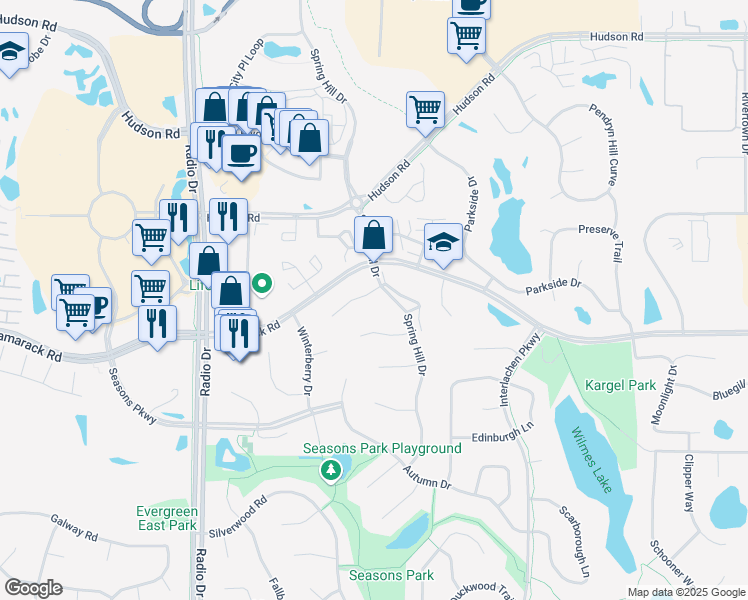 map of restaurants, bars, coffee shops, grocery stores, and more near 646 Spring Hill Bay in Woodbury