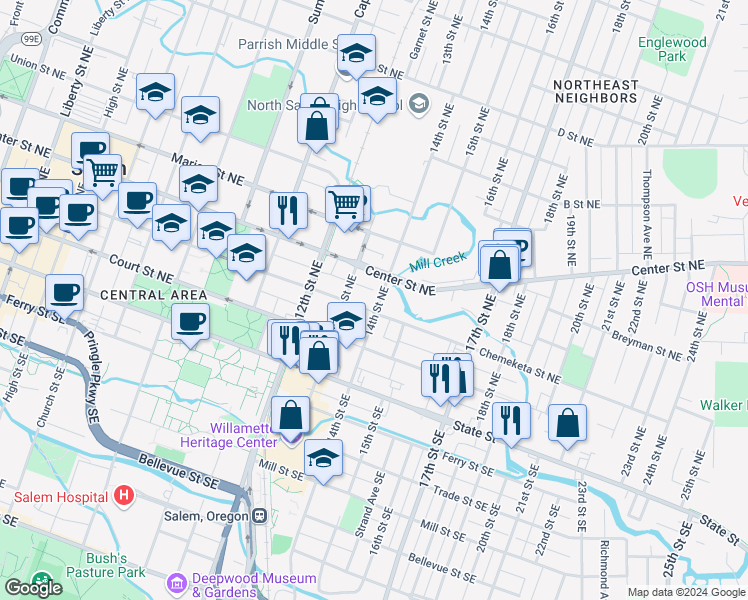 map of restaurants, bars, coffee shops, grocery stores, and more near 1340 Chemeketa Street Northeast in Salem
