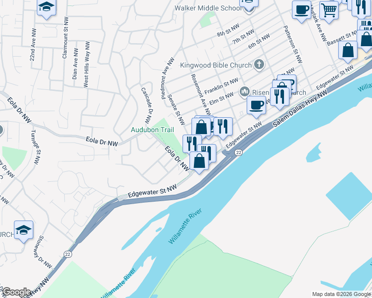 map of restaurants, bars, coffee shops, grocery stores, and more near 1625 Fair Oaks Way NW in Salem