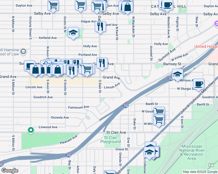 map of restaurants, bars, coffee shops, grocery stores, and more near 584 Lincoln Avenue in Saint Paul