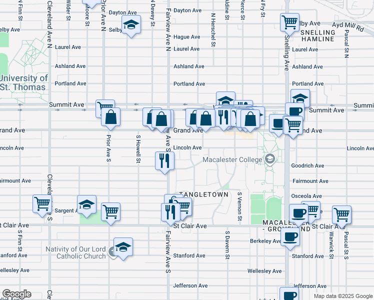 map of restaurants, bars, coffee shops, grocery stores, and more near 95 South Wheeler Street in Saint Paul