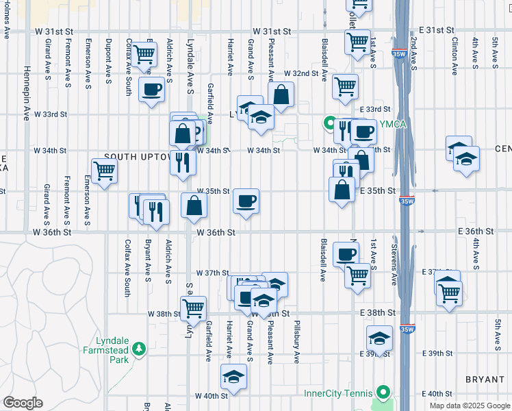 map of restaurants, bars, coffee shops, grocery stores, and more near 3530 Pleasant Avenue in Minneapolis