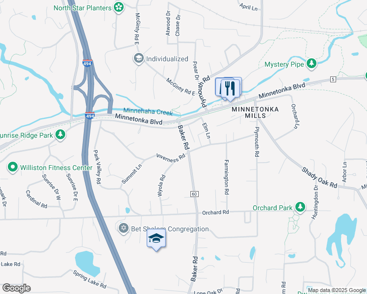 map of restaurants, bars, coffee shops, grocery stores, and more near 3526 Baker Road in Hopkins