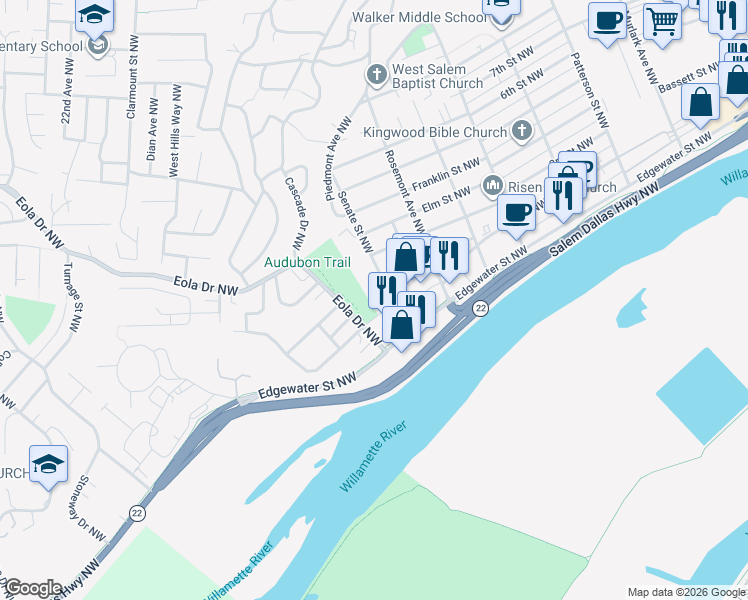 map of restaurants, bars, coffee shops, grocery stores, and more near 1625 Fair Oaks Way NW in Salem
