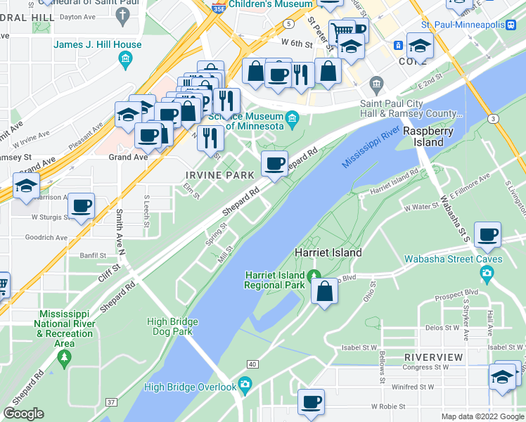 map of restaurants, bars, coffee shops, grocery stores, and more near 101 Sherman Street in Saint Paul