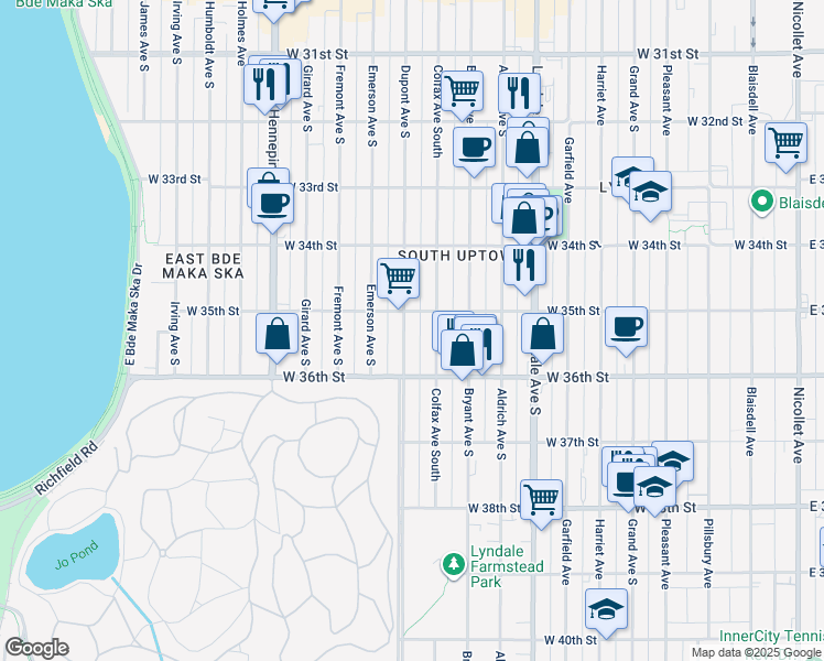 map of restaurants, bars, coffee shops, grocery stores, and more near 3513 Dupont Avenue South in Minneapolis
