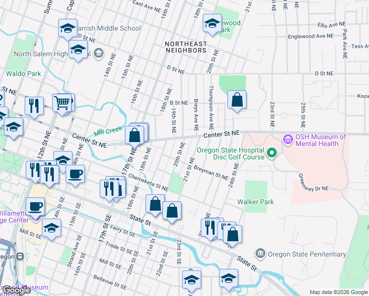 map of restaurants, bars, coffee shops, grocery stores, and more near 525 21st Street Northeast in Salem