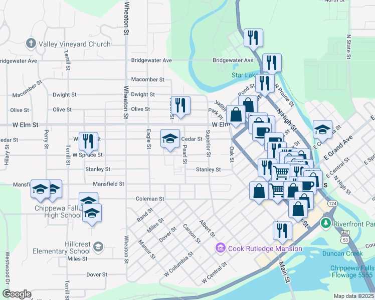 map of restaurants, bars, coffee shops, grocery stores, and more near 821 Pearl Street in Chippewa Falls
