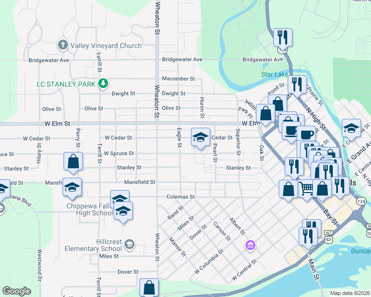 map of restaurants, bars, coffee shops, grocery stores, and more near 465 West Spruce Street in Chippewa Falls