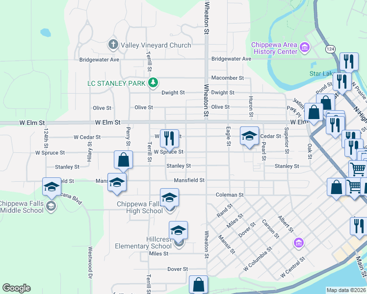 map of restaurants, bars, coffee shops, grocery stores, and more near 709 West Spruce Street in Chippewa Falls