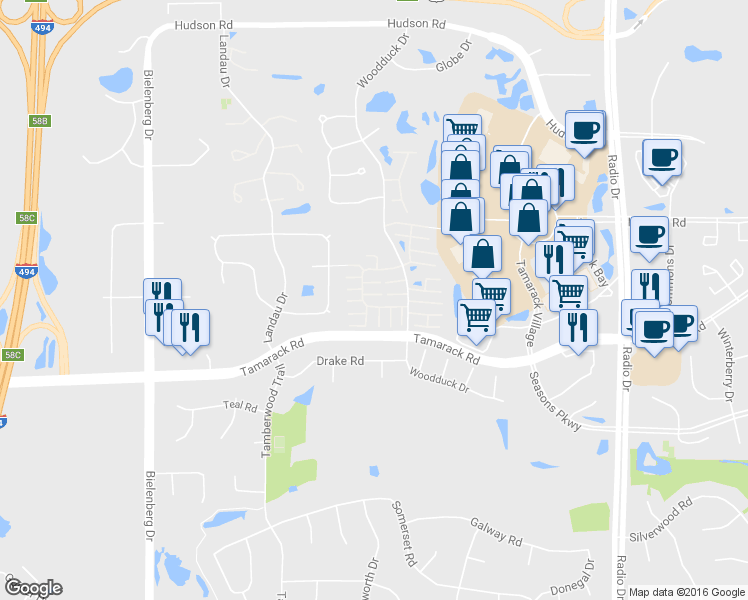 map of restaurants, bars, coffee shops, grocery stores, and more near 689 Kingfisher Lane in Woodbury