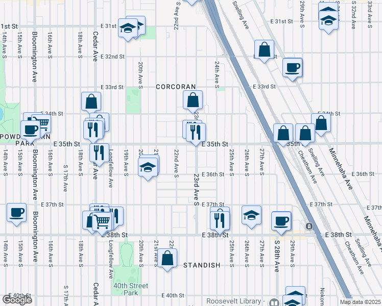 map of restaurants, bars, coffee shops, grocery stores, and more near 3531 22nd Avenue South in Minneapolis