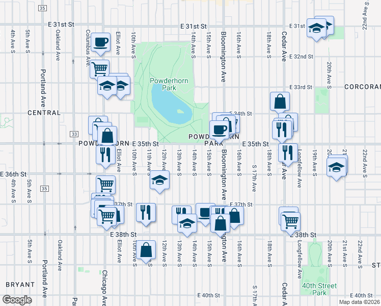 map of restaurants, bars, coffee shops, grocery stores, and more near 3528 14th Avenue South in Minneapolis