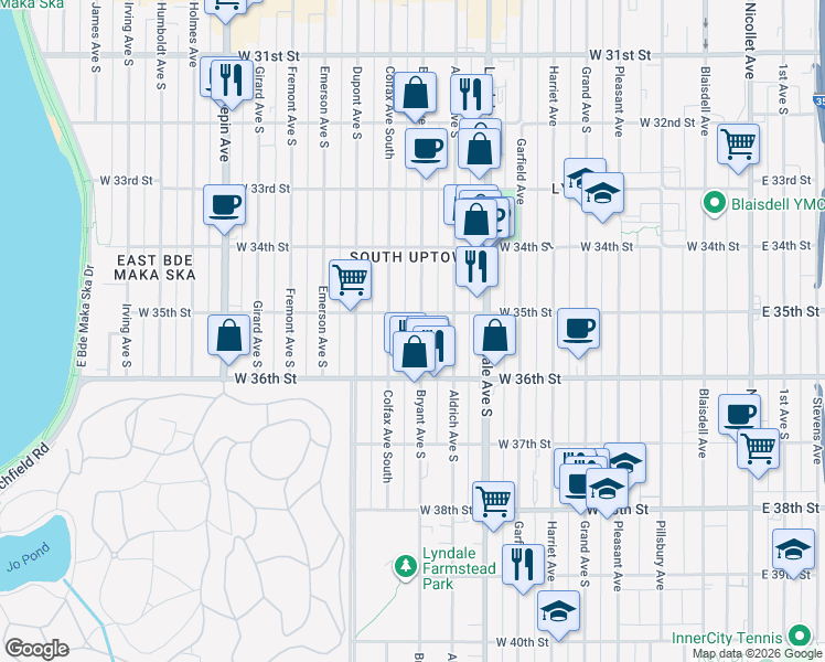 map of restaurants, bars, coffee shops, grocery stores, and more near 3532 Bryant Avenue South in Minneapolis