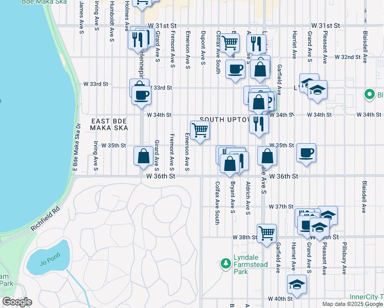 map of restaurants, bars, coffee shops, grocery stores, and more near 3529 Emerson Avenue South in Minneapolis