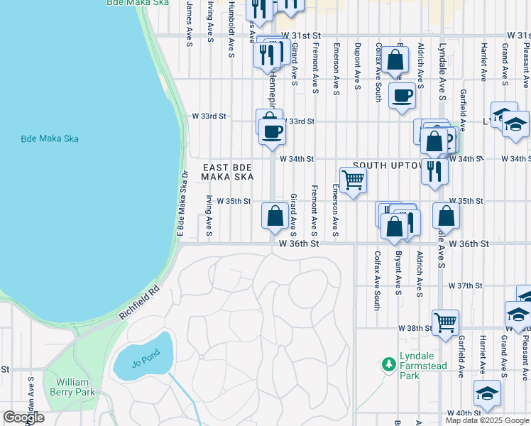 map of restaurants, bars, coffee shops, grocery stores, and more near 3531 Hennepin Avenue in Minneapolis