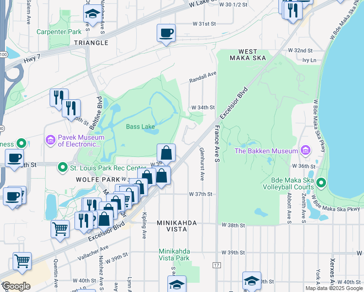 map of restaurants, bars, coffee shops, grocery stores, and more near 4023 Excelsior Boulevard in St. Louis Park