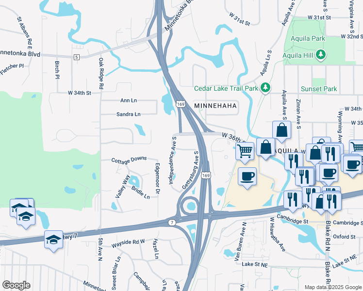 map of restaurants, bars, coffee shops, grocery stores, and more near 3640 Independence Avenue South in St. Louis Park