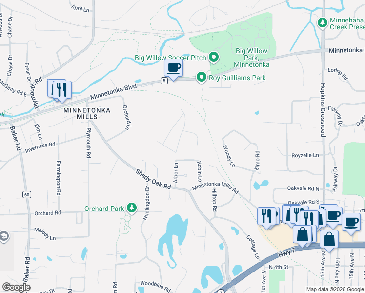 map of restaurants, bars, coffee shops, grocery stores, and more near 3601 Robin Lane in Minnetonka