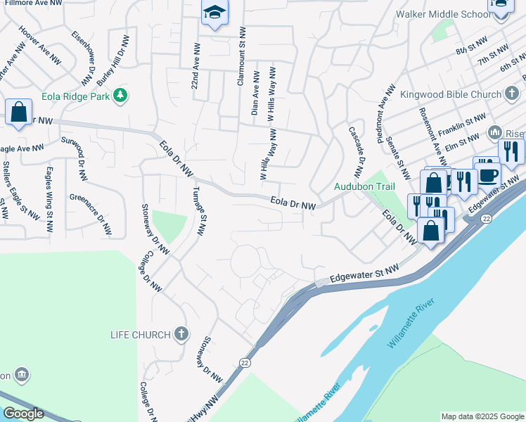 map of restaurants, bars, coffee shops, grocery stores, and more near 495 Upper Lavista Court Northwest in Salem