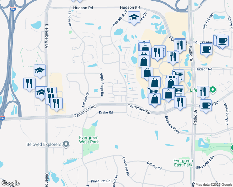 map of restaurants, bars, coffee shops, grocery stores, and more near 689 Kingfisher Lane in Woodbury