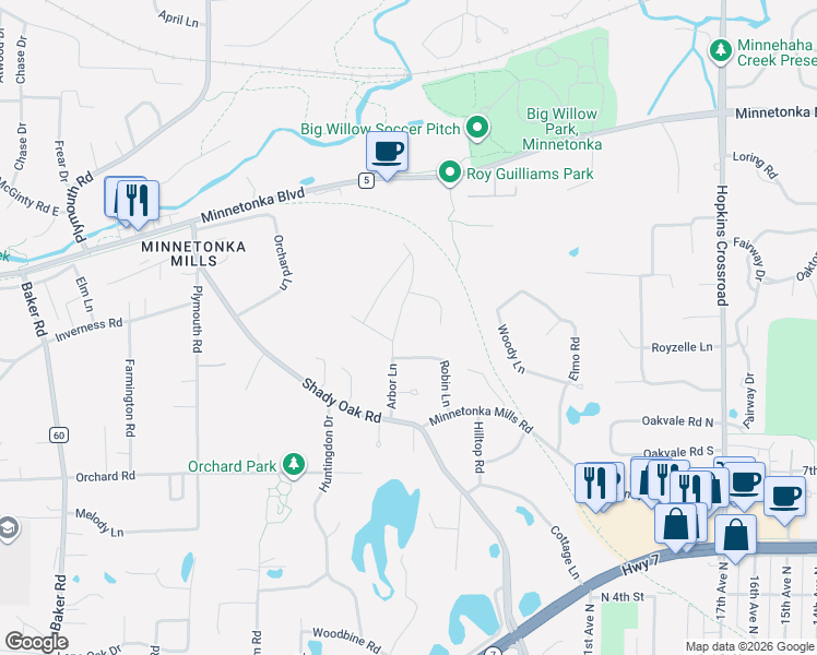 map of restaurants, bars, coffee shops, grocery stores, and more near 3601 Robin Lane in Minnetonka