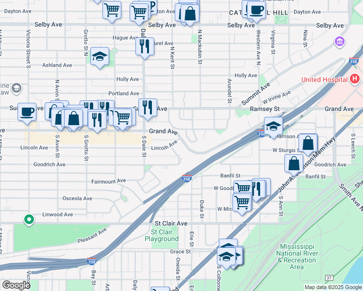 map of restaurants, bars, coffee shops, grocery stores, and more near 542 Lincoln Avenue in Saint Paul
