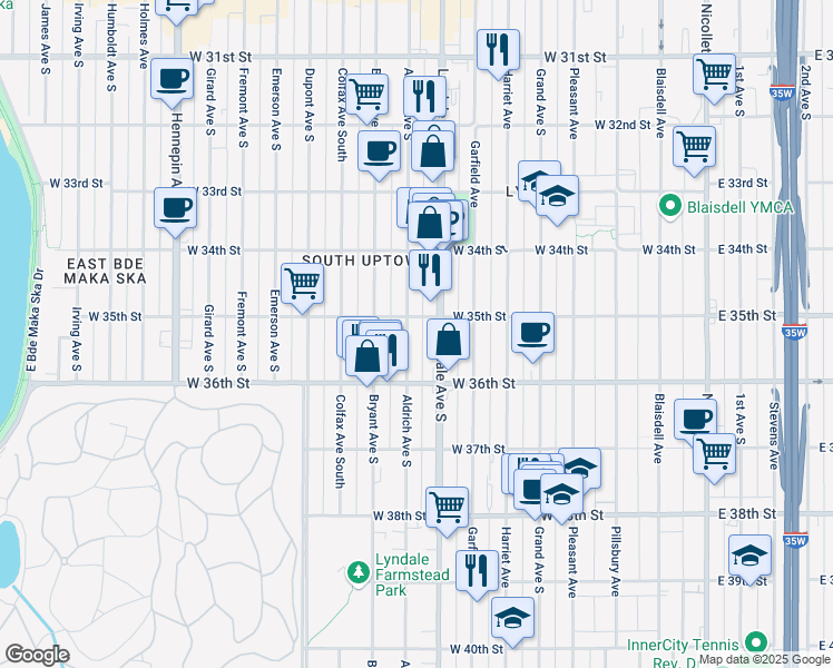 map of restaurants, bars, coffee shops, grocery stores, and more near 3532 Aldrich Avenue South in Minneapolis