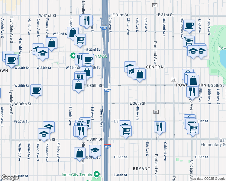 map of restaurants, bars, coffee shops, grocery stores, and more near 3515 2nd Avenue South in Minneapolis