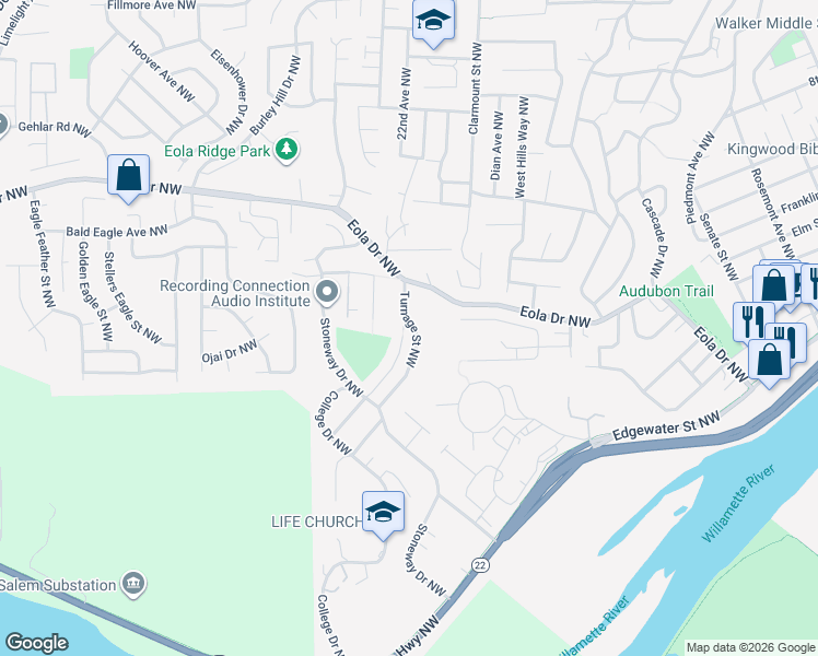 map of restaurants, bars, coffee shops, grocery stores, and more near 1941 Turnage Street Northwest in Salem