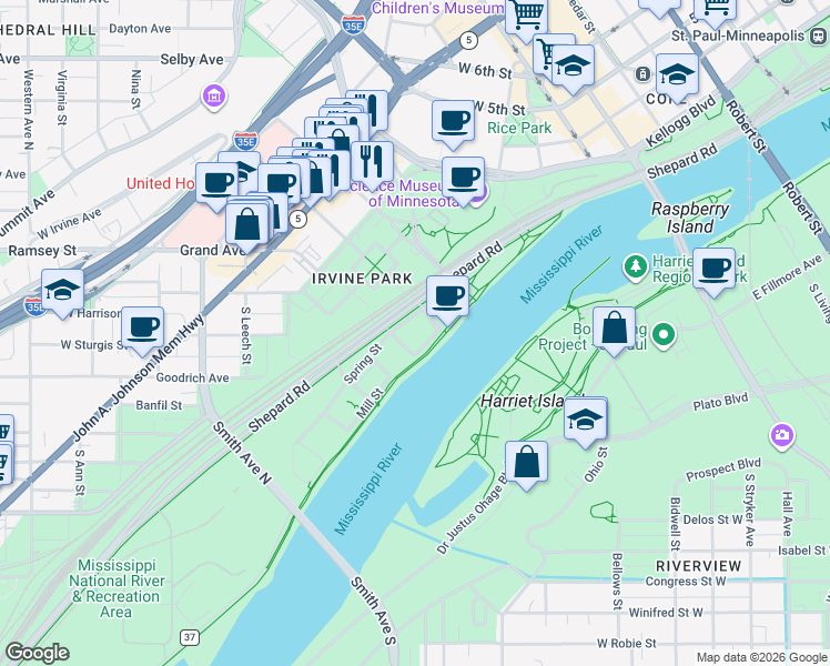 map of restaurants, bars, coffee shops, grocery stores, and more near 101 Sherman Street in Saint Paul