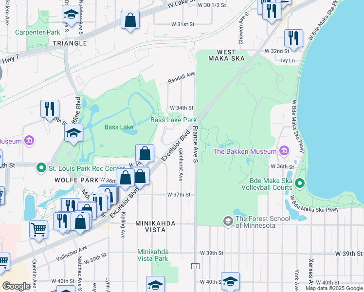 map of restaurants, bars, coffee shops, grocery stores, and more near 3521 Glenhurst Avenue in St. Louis Park