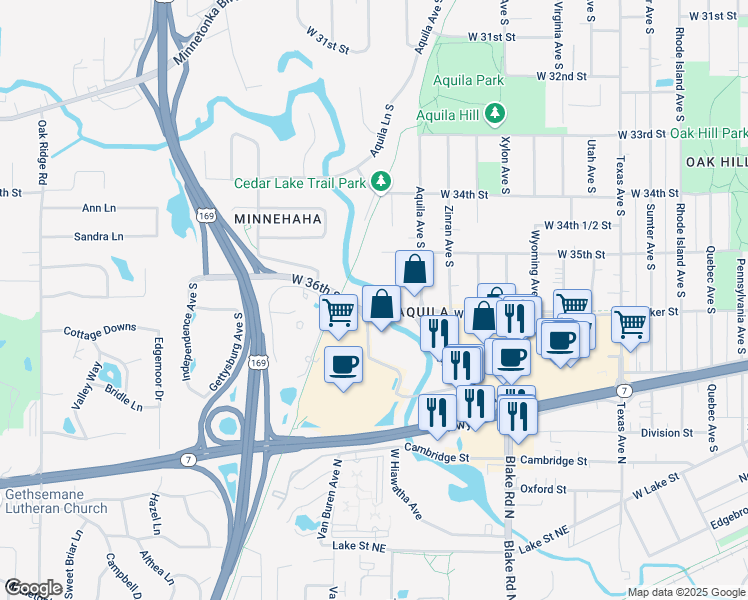 map of restaurants, bars, coffee shops, grocery stores, and more near 8800 West 36th Street in Minneapolis