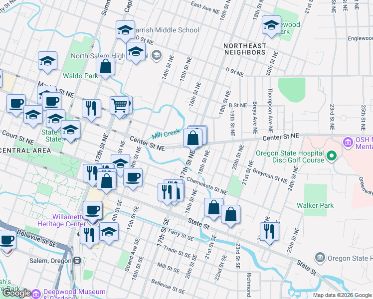 map of restaurants, bars, coffee shops, grocery stores, and more near 1625 Winona Court Northeast in Salem