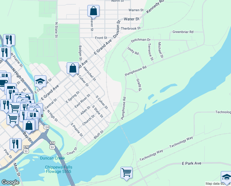 map of restaurants, bars, coffee shops, grocery stores, and more near 236 Pumphouse Road in Chippewa Falls