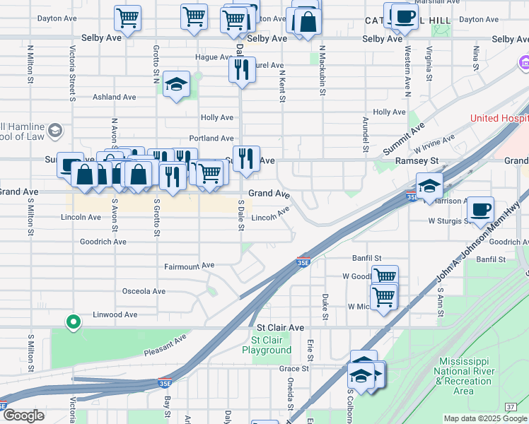 map of restaurants, bars, coffee shops, grocery stores, and more near 584 Lincoln Avenue in Saint Paul