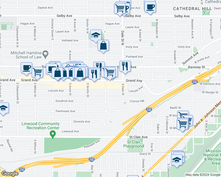 map of restaurants, bars, coffee shops, grocery stores, and more near 648 Lincoln Avenue in Saint Paul