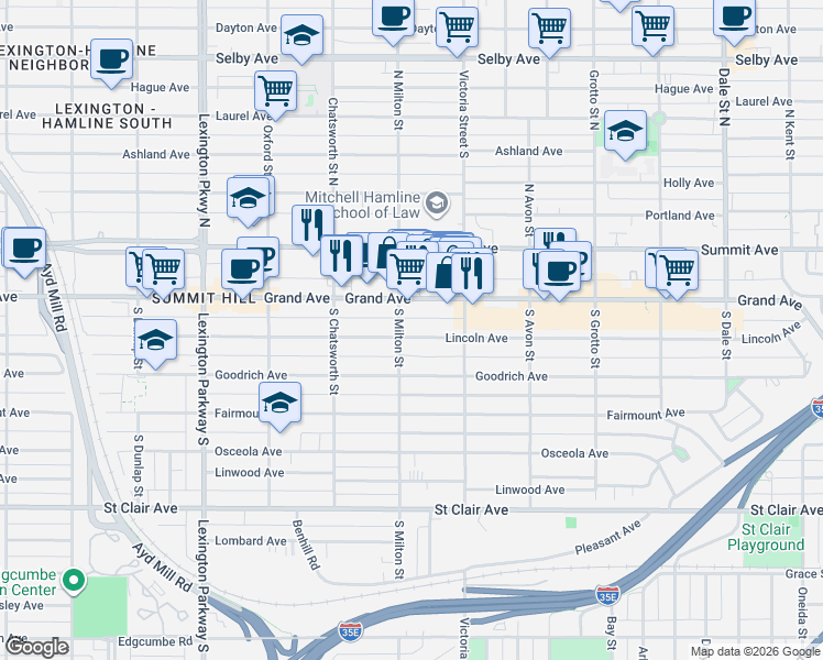 map of restaurants, bars, coffee shops, grocery stores, and more near 896 Lincoln Avenue in Saint Paul